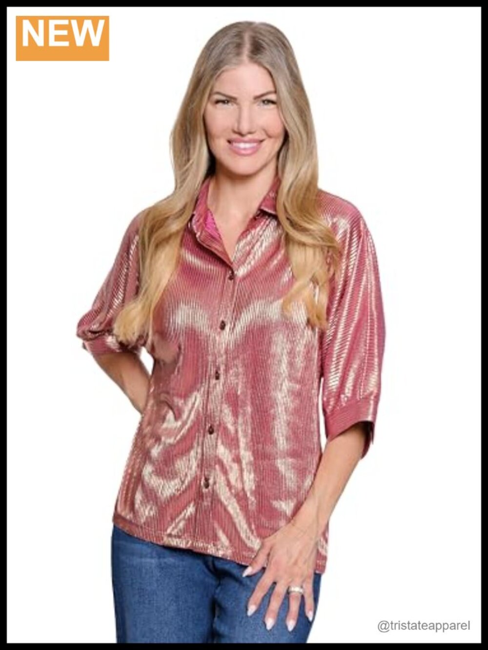 Women's Shimmer Pleat Button Front Blouse Dolman Sleeves 100% Polyester